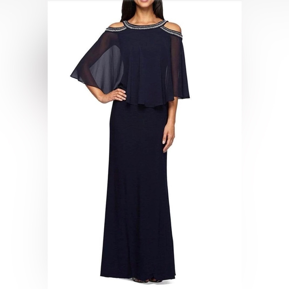 Alex Evenings - 1351319 Beaded Capelet Matte Jersey Dress navy